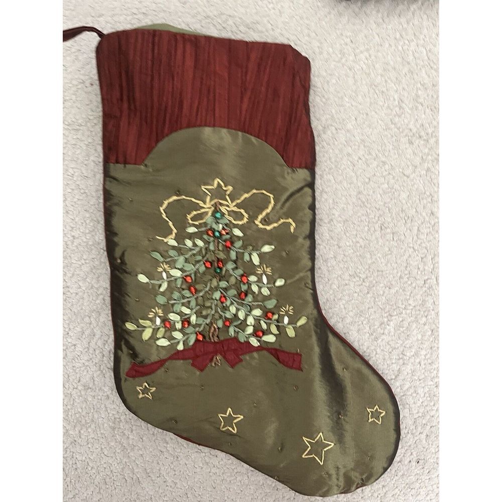 Green Satin Christmas Stocking Embroidered‎ Floral Design Sequins Christmas Tree